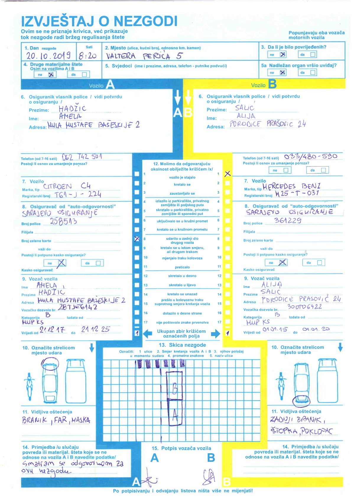 Primjer popunjenog Evropskog izvještaja o nezgodi